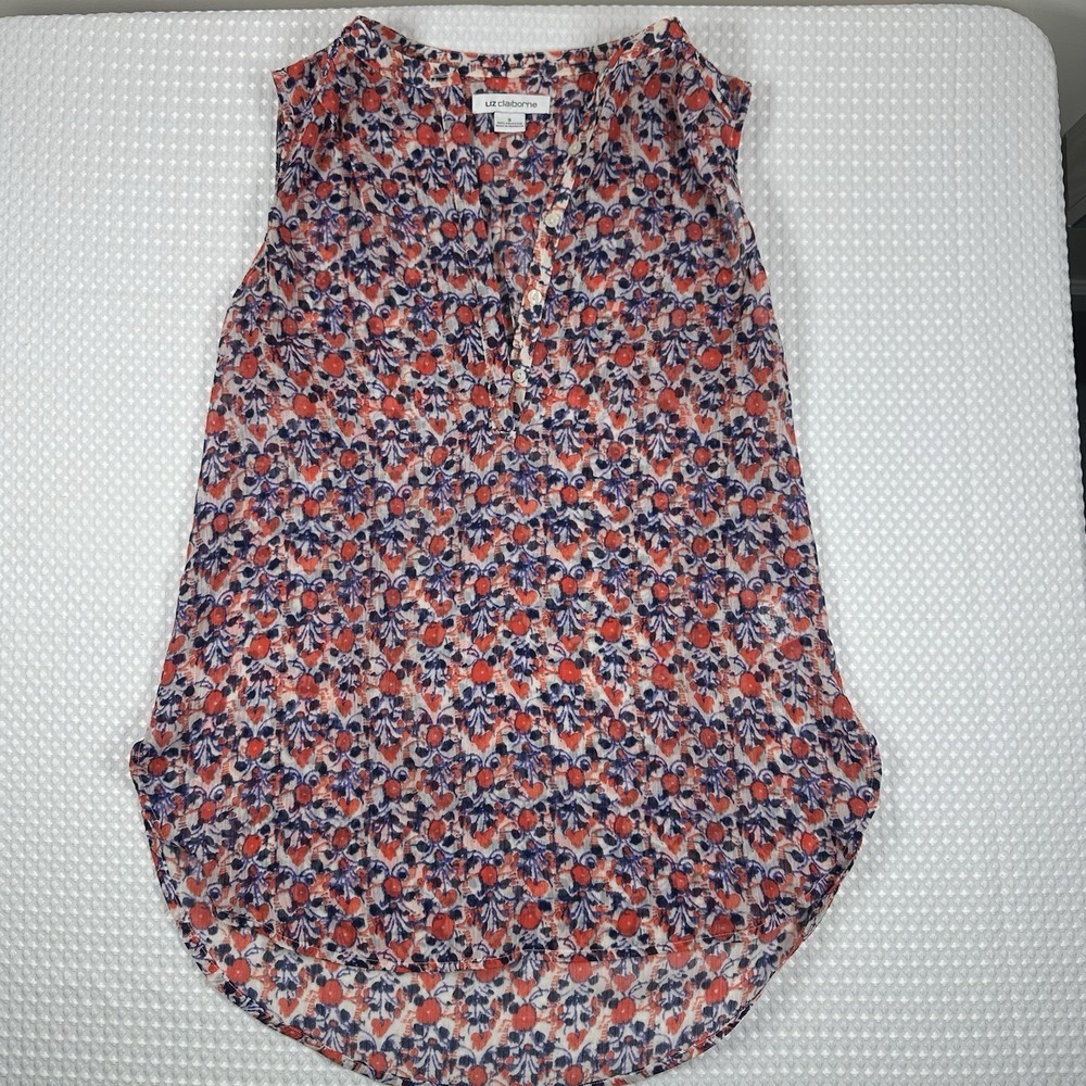 Liz Claiborne Sleeveless Floral Blouse Size S Red Blue Print Button Front Top
